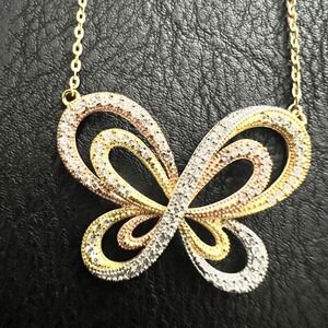 RL 925 Sterling Silver Tri-Tone CZ Butterfly‎ Necklace 1.25" Fairycore Y2K